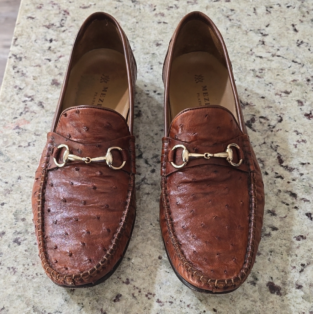 Mezlan Brown Ostrich Leather Loafers with Gold Accents